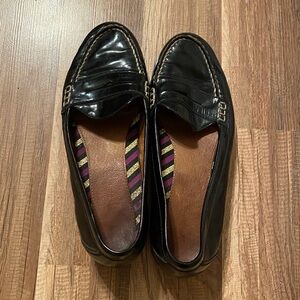 Sperry Topsiders Round Toe Chunky Heel Loafers Black Leather Women Size 8.5